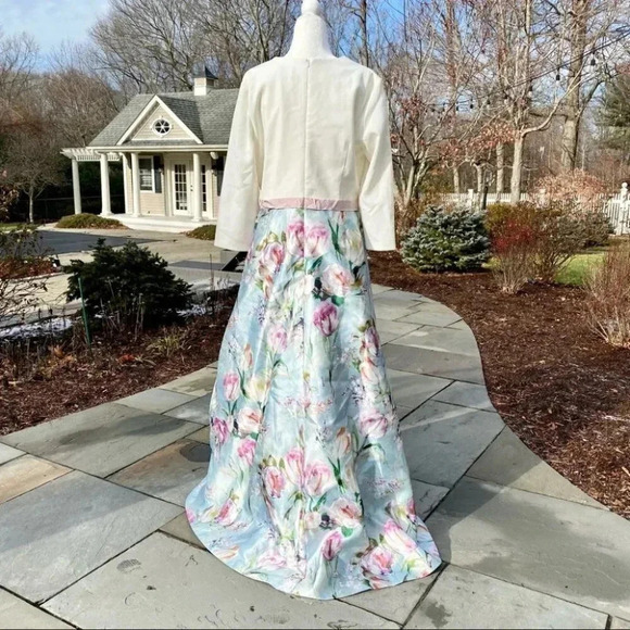 NWT Anthropologie Theia V Neck Crepe Bodice Maxi Dress Short Sleeve White Floral - Picture 10 of 16